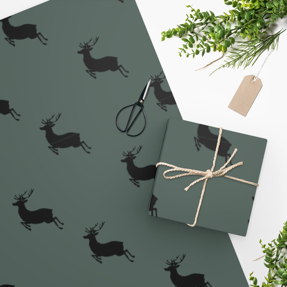 Green Flying Reindeer Christmas Wrapping Paper
