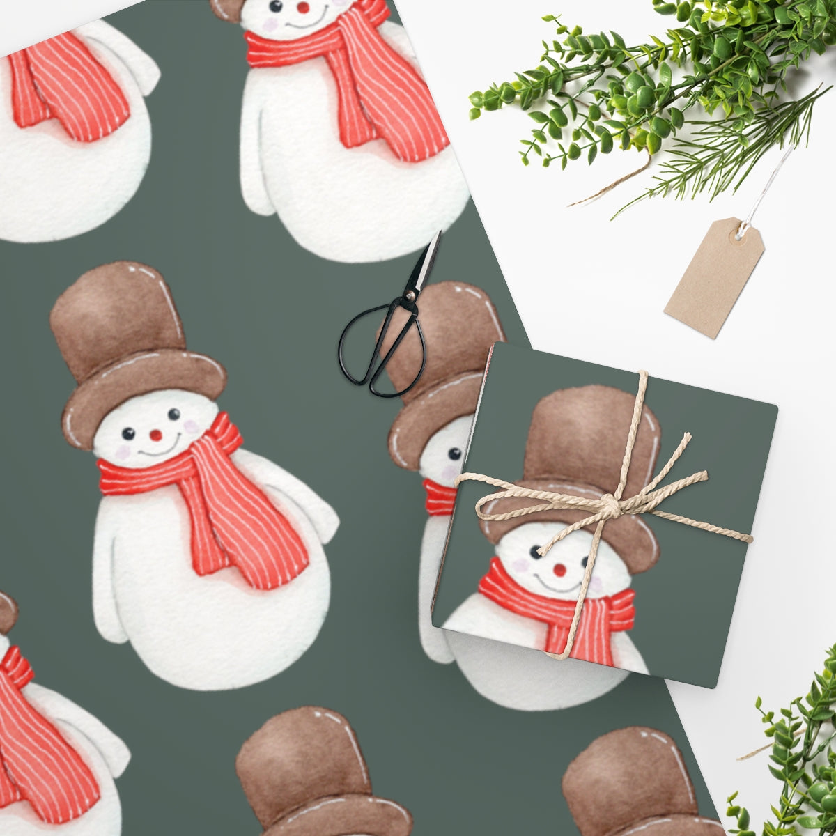 Green Cozy Snowman Christmas Wrapping Paper