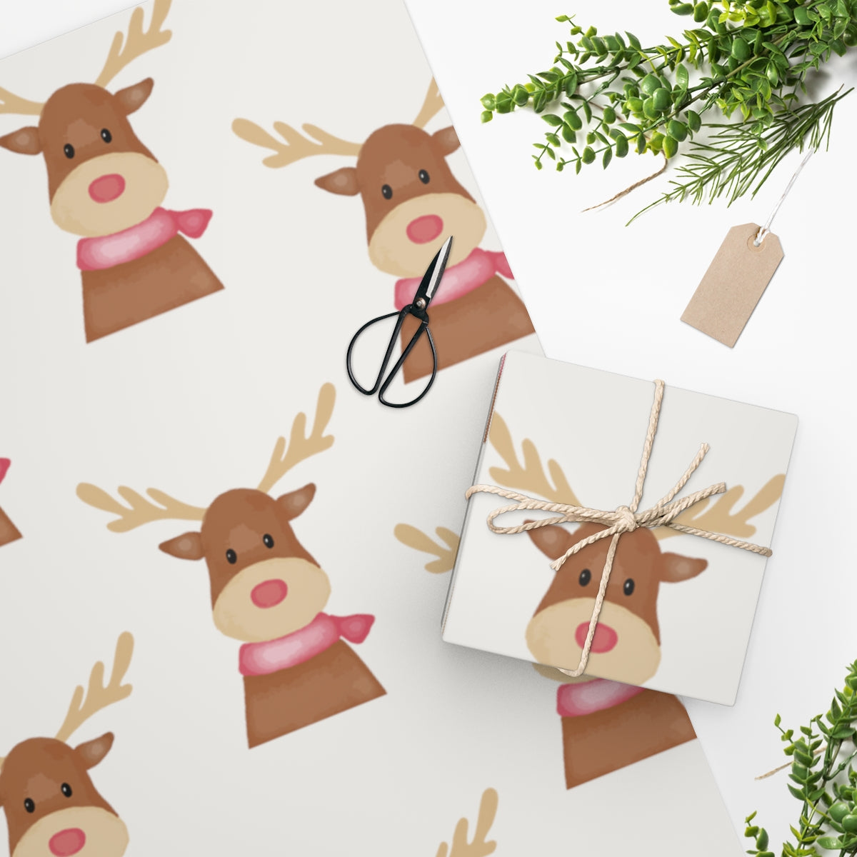 White Cozy Reindeer Christmas Wrapping Paper