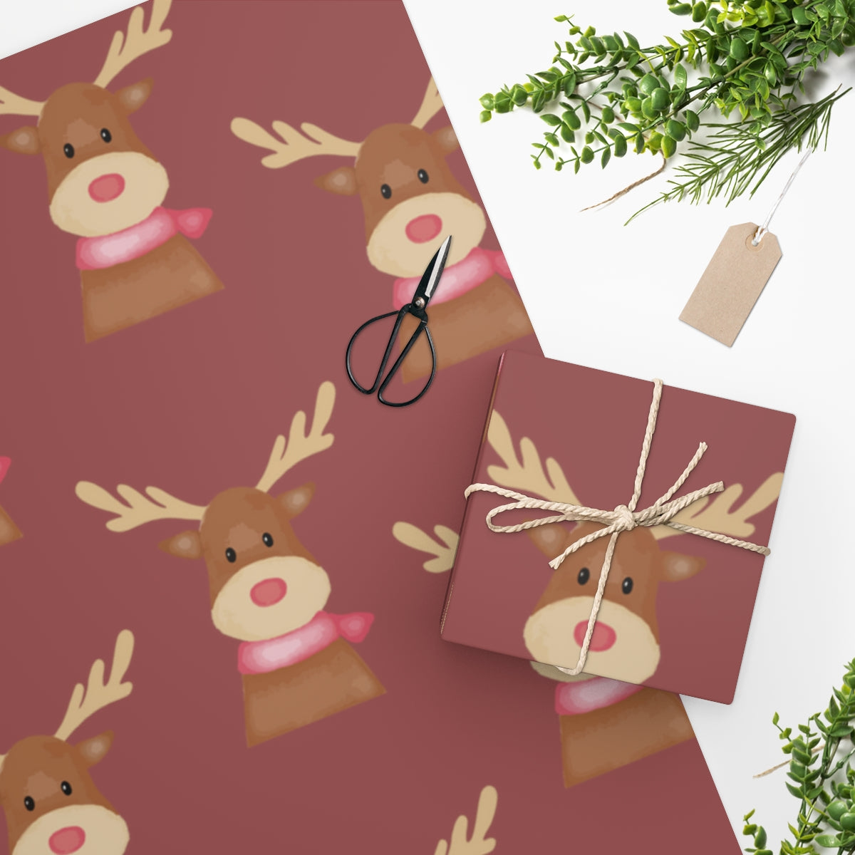 Red Cozy Reindeer Christmas Wrapping Paper