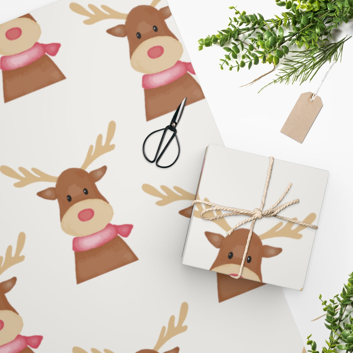 White Cozy Reindeer Christmas Wrapping Paper