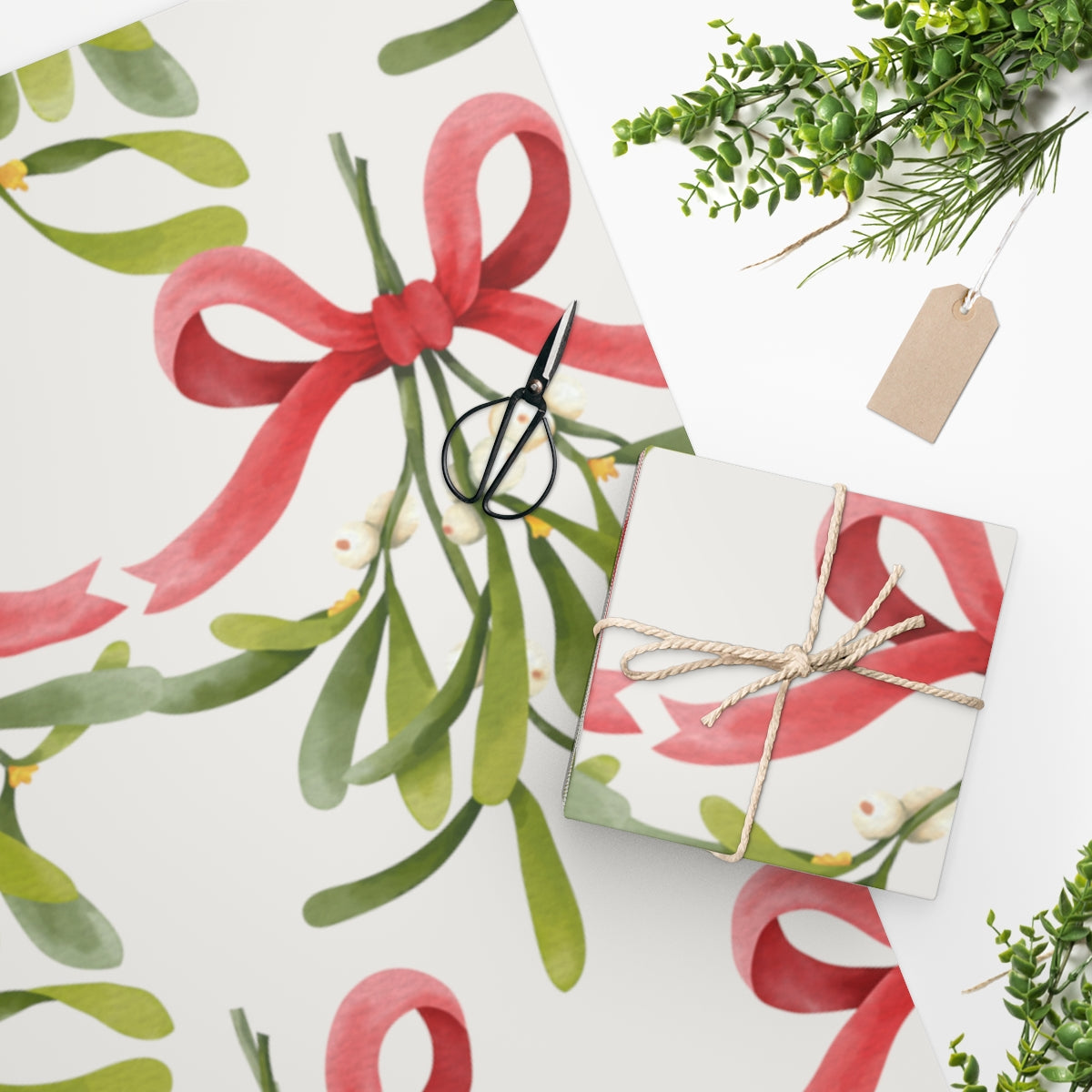White Mistletoe & Bow Christmas Wrapping Paper