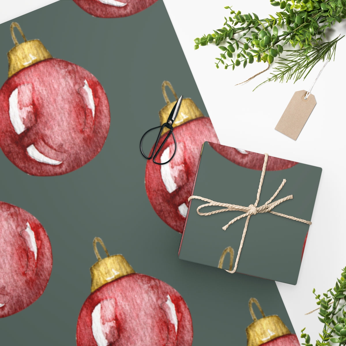 Green Watercolor Ornament Christmas Wrapping Paper