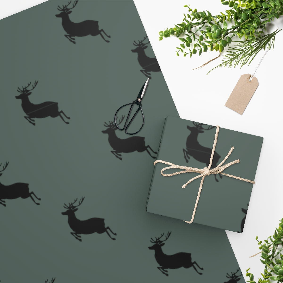 Green Flying Reindeer Christmas Wrapping Paper