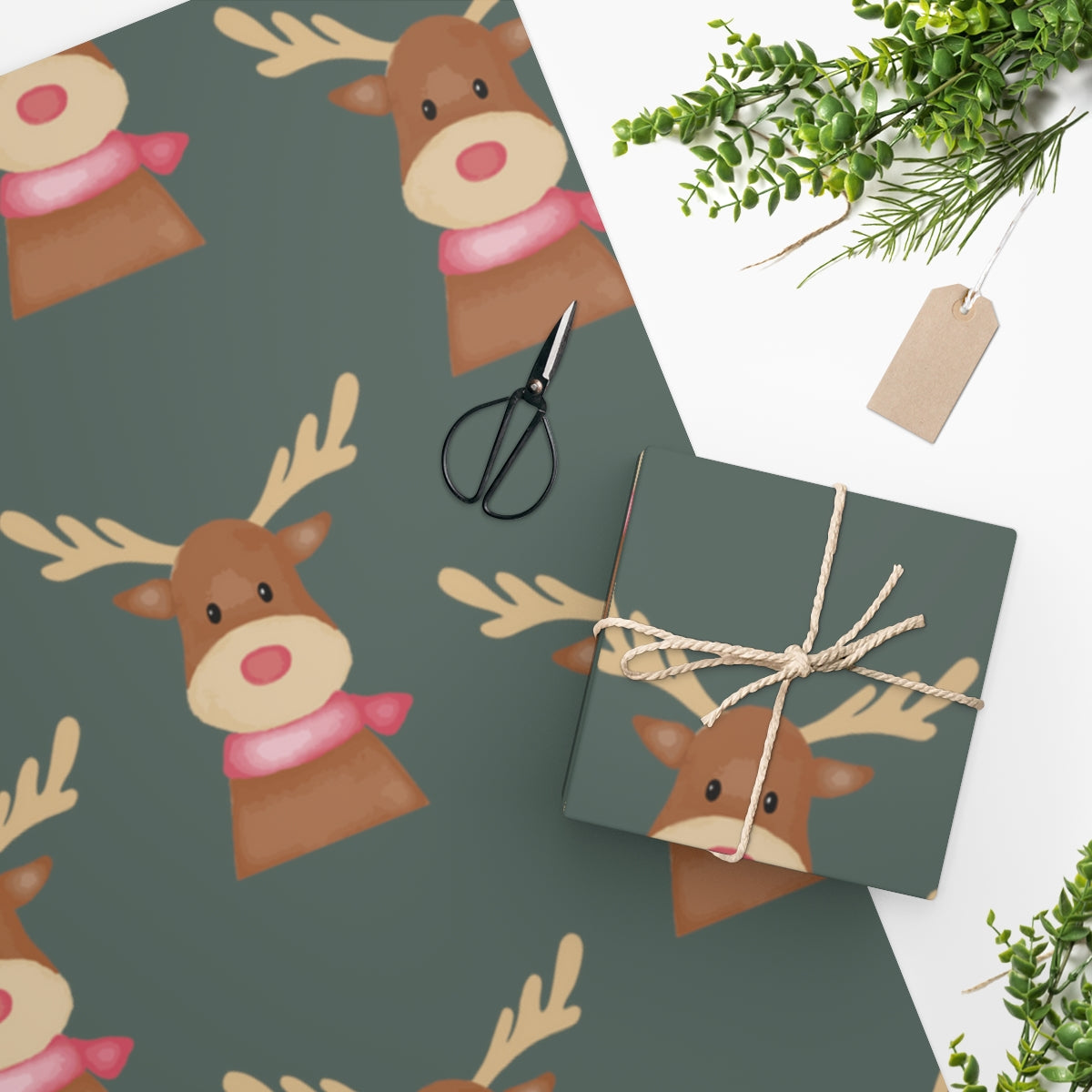 Green Cozy Reindeer Christmas Wrapping Paper