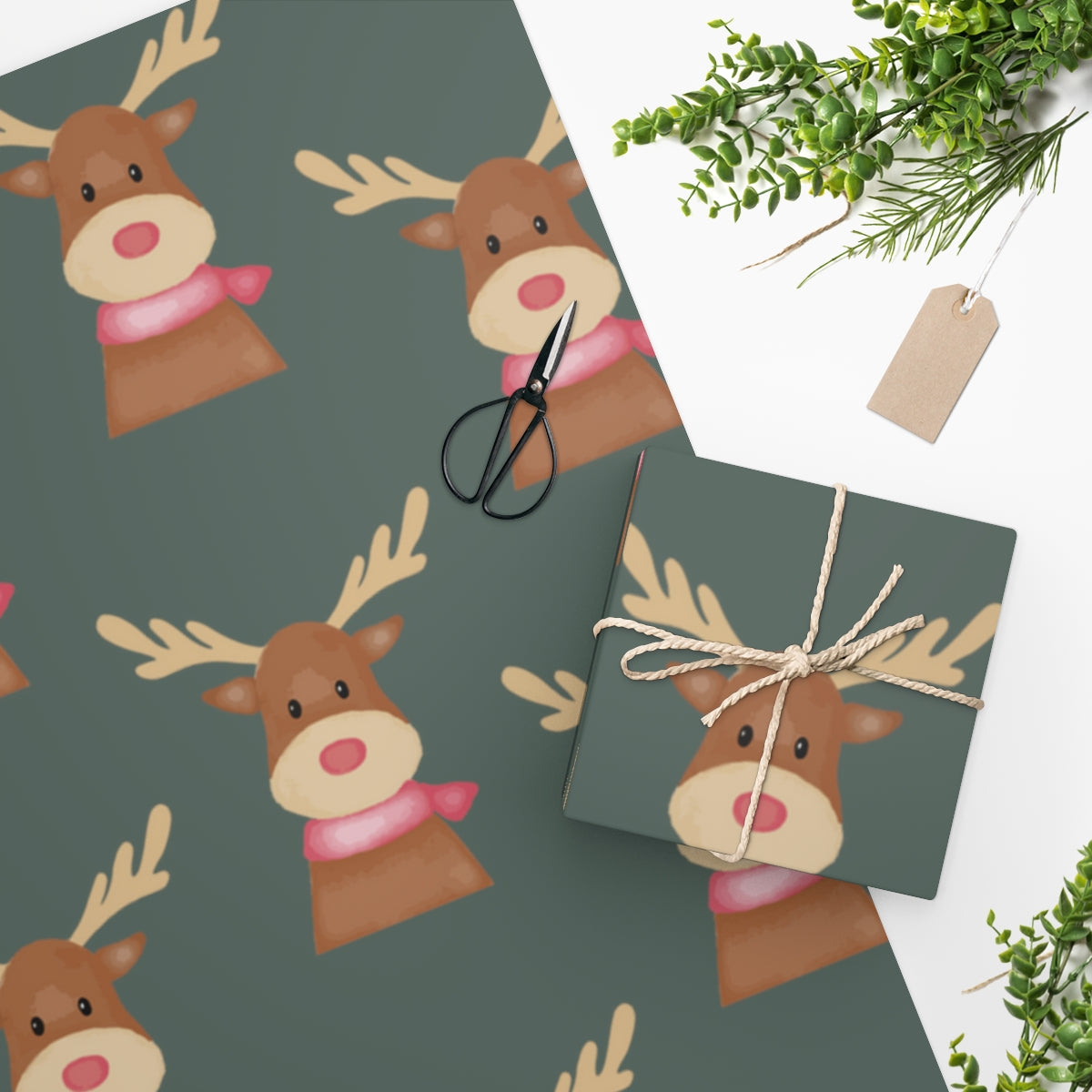Green Cozy Reindeer Christmas Wrapping Paper