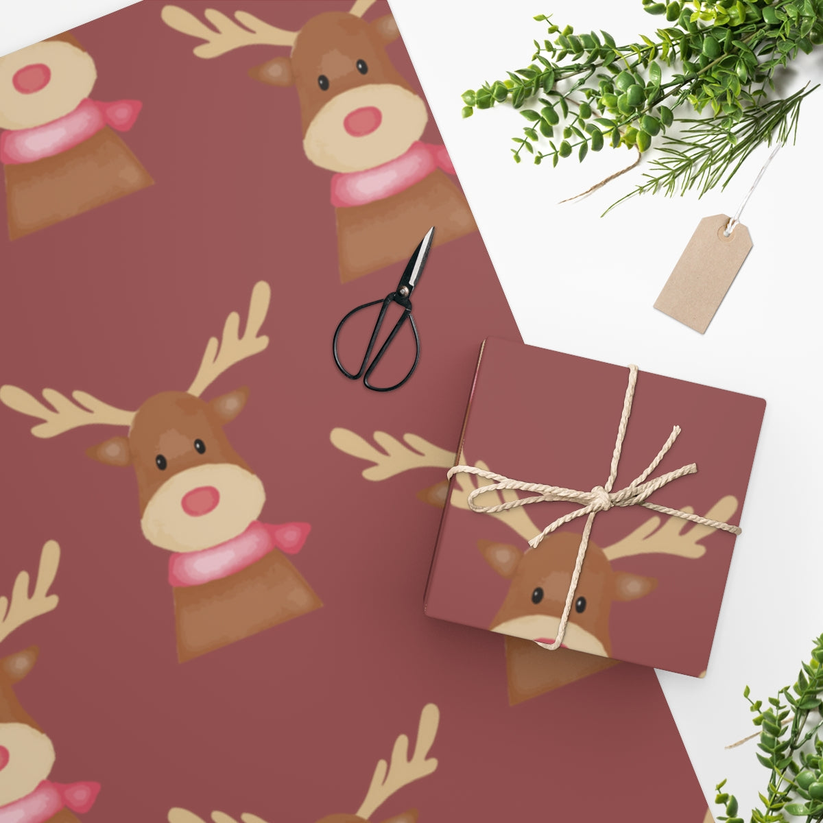 Red Cozy Reindeer Christmas Wrapping Paper