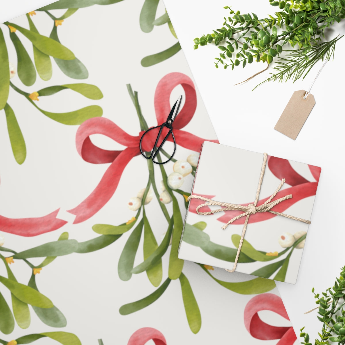 White Mistletoe & Bow Christmas Wrapping Paper