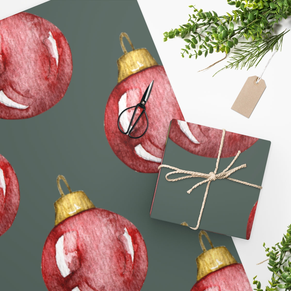 Green Watercolor Ornament Christmas Wrapping Paper
