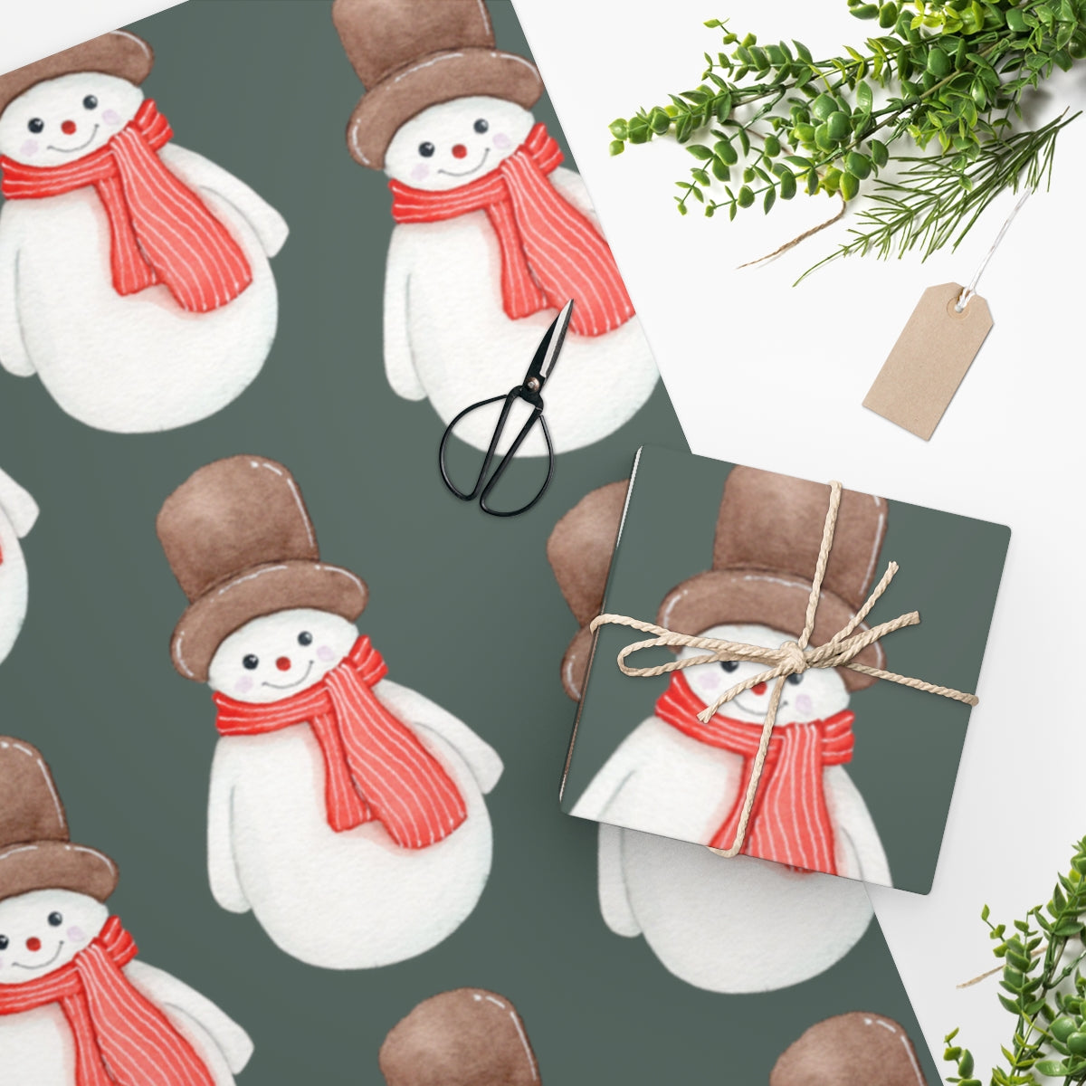 Green Cozy Snowman Christmas Wrapping Paper